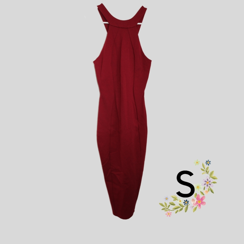 Maroon, midi, back cutout dress.